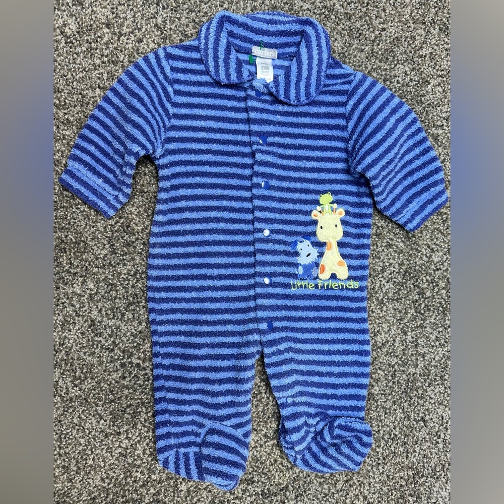 Vintage Carters Baby Boy 0-3 Month Blue Striped Terrycloth Sleeper Jumper Footed